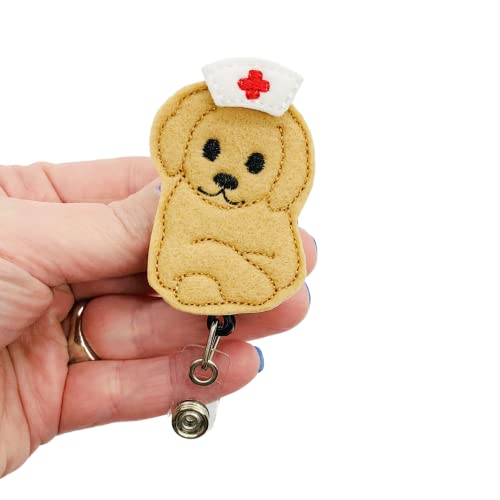 Golden Retriever Nurse Badge Reel, Retractable Dog Id Holder, Rn Puppy Name Tag Clip (Swivel Clip) #TOP1