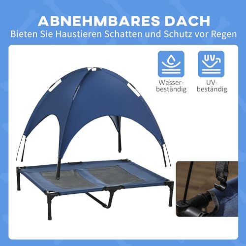PawHut Erhöhtes Hundebett mit Baldachin, Haustierbett, Hundeliege Outdoor mit Dach, Atmungsaktiv, Taftstoff für Camping Dunkelblau 92 x 76 x 90 cm