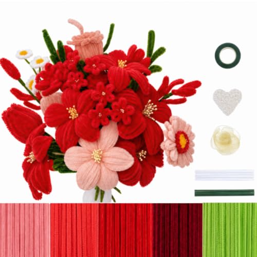 Image of YUNAMI Chenille Stems for DIY Flower Making - 200 Pcs Pipe Cleaners with Floral Wire, Tape, Stamen & Pearls - Premium Bouquet Supplies for Home Decor & Gifting (200, red)