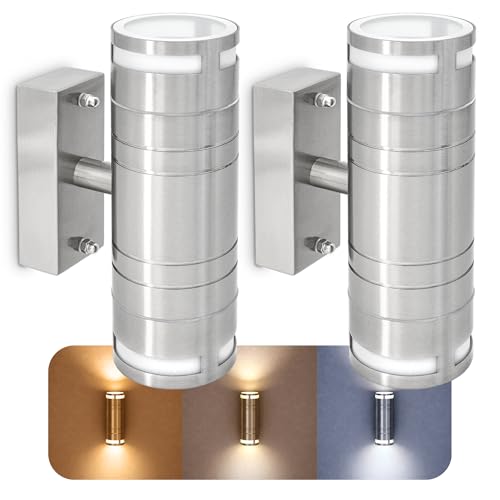 SSC-LUXon 2 St&uuml;ck LED Wandlampe Up & Down Edelstahl - inkl. 4x 5W GU10 LED drei Lichtfarben - Wandleuchte IP44 Wandstrahler f&uuml;r Garten & Au&szlig;en