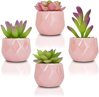 SAJANDAS Green and Pink Gradient Color Artificial Succulent Plants in Pink Ceramic Pots, Set of 4 Small Ombre Fake Plants in Pots Indoors Decoration for Home Decor, Bathroom, Office Table Shelf