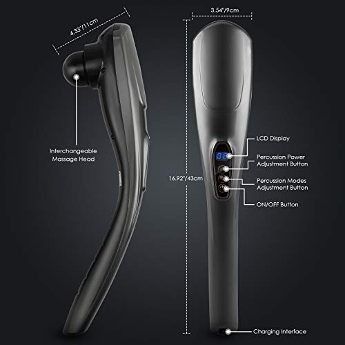 MOICO Handheld Back Massager, 6 Interchangeable Nodes, 10 Speeds & 12 Modes, Cordless Massagers Handheld Deep Tissue Massager for Muscles, Neck, Shoulder, Arms, Leg, Calf, Foot, Full Body Pain Relief