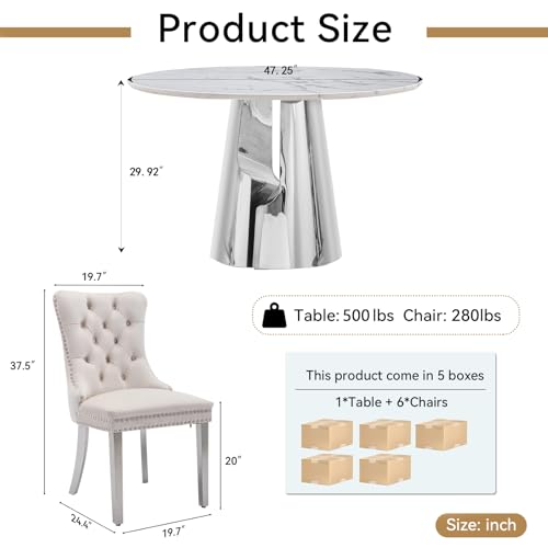Image of 7-Piece Round Dining Table Set for 6, Modern Faux Marble Kitchen Table and Beige Velvet Chairs Set of 6, Luxury 45 inch Circle White Silver Dining Room Tables with Stainless Steel Base