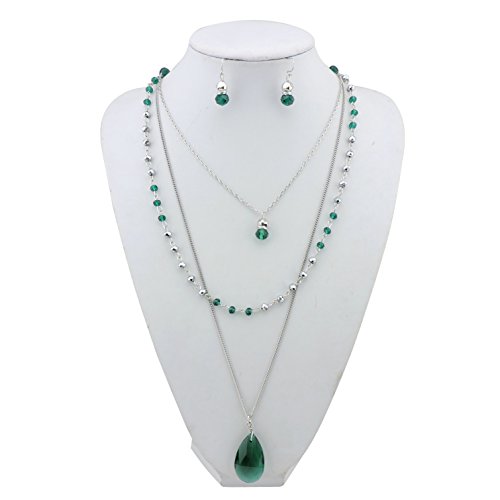 Bocar 3 Layer Jewelry Set Long Chain Pendant Bead Necklace Earring for Women (NK-10036-dark green) - Thumbnail 2