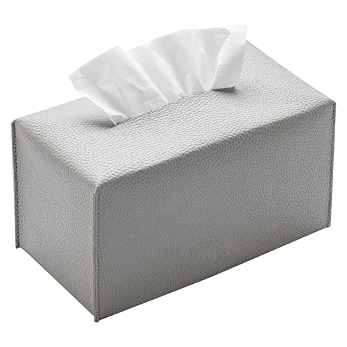 REGELETO Pu Leather Tissue Box Cover Rectangular Holder with Bottom Belt - Modern Decorative Organizer for Bathroom Car Bedroom Hotel Office (Grey)