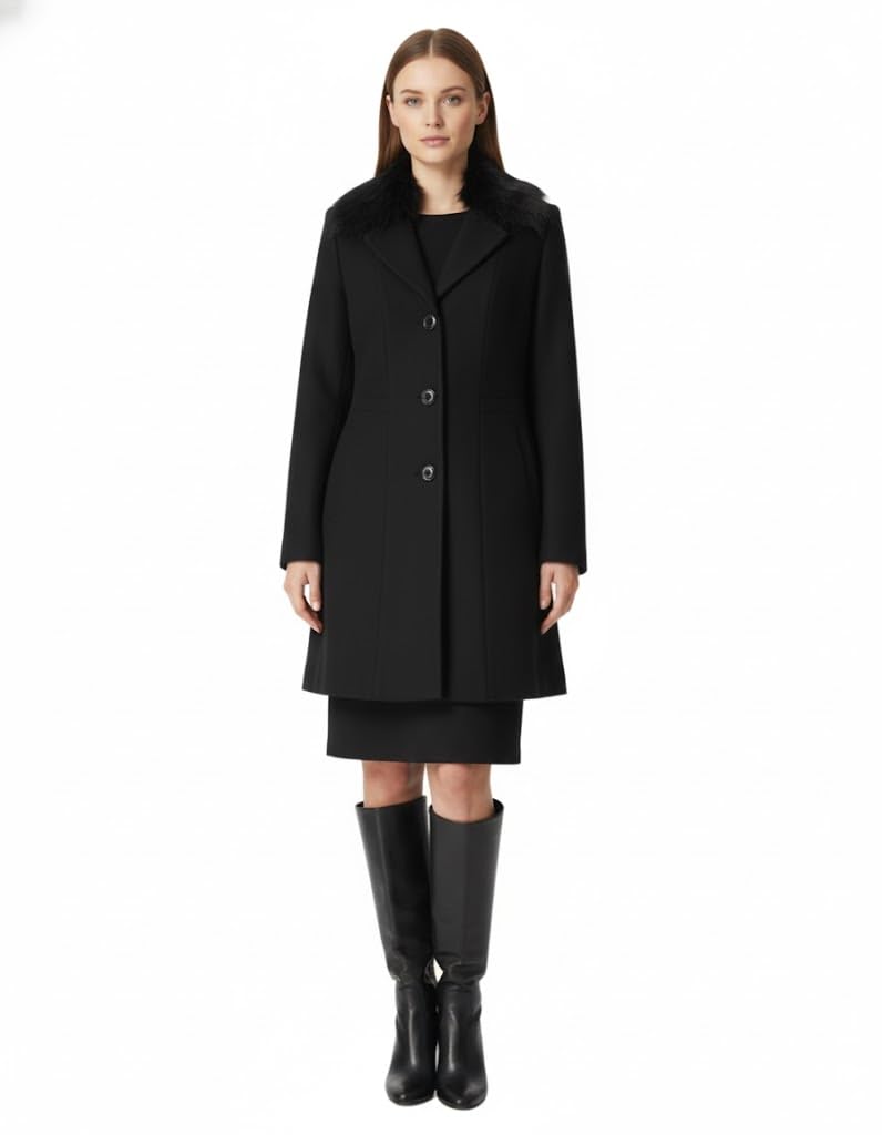hautemoda Women's Classic Wool Blend Winter Coat, Mid-Length Trench Style, Faux Feather Collar, Black-picture-21