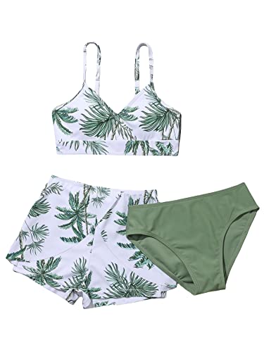 Oyoangle Girl's 3 Piece Tropical Print V Neck Bikini Swimsuit Shorts Bathing Suit Green 150 #TOP29