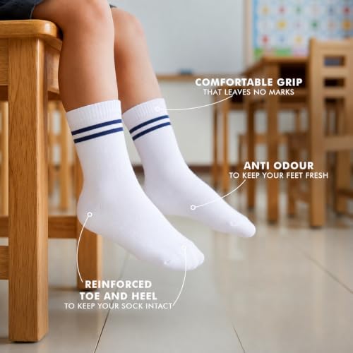 Image of Supersox Regular School Uniform Socks for Kids | White with Navy Stripe | Combed Cotton, Breathable, Moisture Absorbent & Anti Odour | Extra Durable Welt for All-Day Comfort | Pack of 5