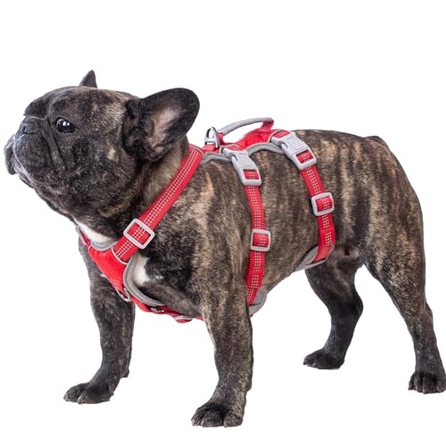 Image of Huntboo Escape Proof Dog Harness, Escape Artist Harness, Reflective Harness with Padded Handle, Breathable, Durable, Adjustable Vest for Medium Dogs Walking, Training, and Running Gear (Red, M)