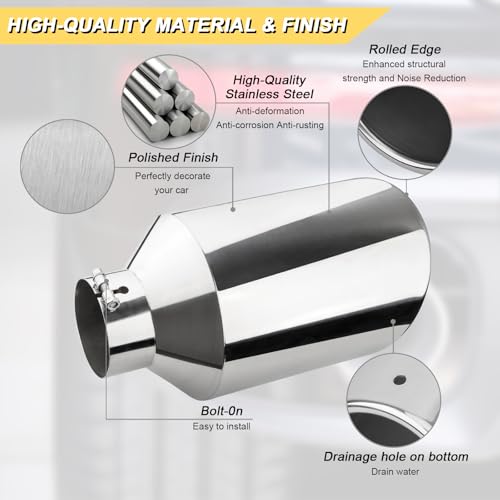 Image of Vurkcy 5 inch Inlet Exhaust Tip, 10 inch Outlet 18 inch Overall Length, Polished | Stainless Steel Exhaust Tail Pipe, Bolt-On, Rolled Edge, Slant Sleek Angle Cut, Polished Tailpipe, Silvery