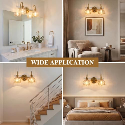 Image of Bathroom Light Fixtures, 3-Light Brass Vanity Wall Light with Amber Tulip Glass Shades, Vintage Wall Sconce Over Mirror for Bathroom, Bedroom, Living Room (Bulbs Not Included) (Amber, 2-Light)