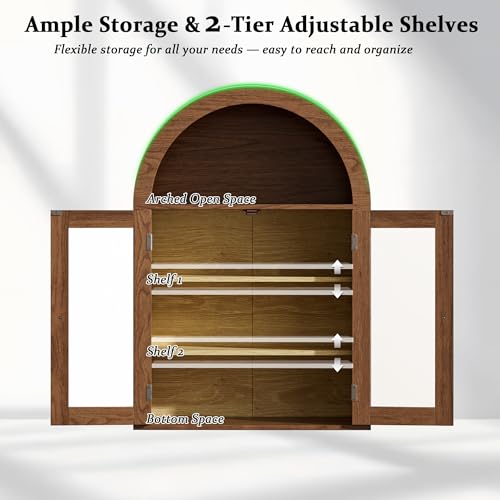 Image of BREEZEHEAT Bathroom Medicine Cabinet Wall Mount-Over The Toilet Storage Cabinet-Arched Wall Cabinet with Glass Doors & Adjustable Shelves, Wood Cabinet for Laundry Room, Kitchen, Living Room, Walnut