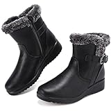 Chaoslook Womens Snow Boots with Zipper Waterproof Leather Fur Lined Winter Warm Boots for Women Comfortable Platform Fashion Ankle Booties Black Size 7.5