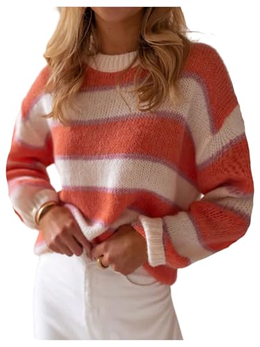 MakeMeChic Womens Long Sleeve Striped Sweater Crew Neck Y2K Fall Pullover Knit Top Orange Large