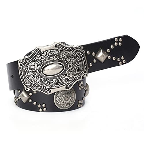 Punk Gothic Studded Belt - Skull Carved Floral Rivet Cowhide With Filigree Silver Buckle2
