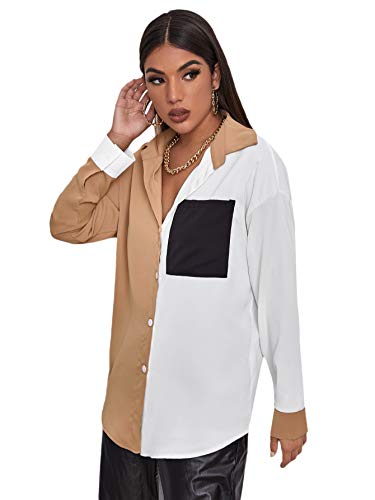 SheIn Women's Color Block Button Down Blouse V Neck Long Sleeve Collar Oversized Shirt Tops - Image 5