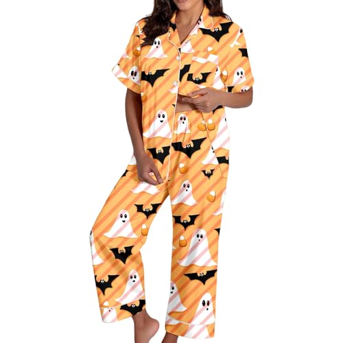 Conjunto de pijama de seda para mujer, estampado de Halloween, de satén, manga corta, con botones frontales y pantalones cortos, ropa de dormir, 05# Naranja, L