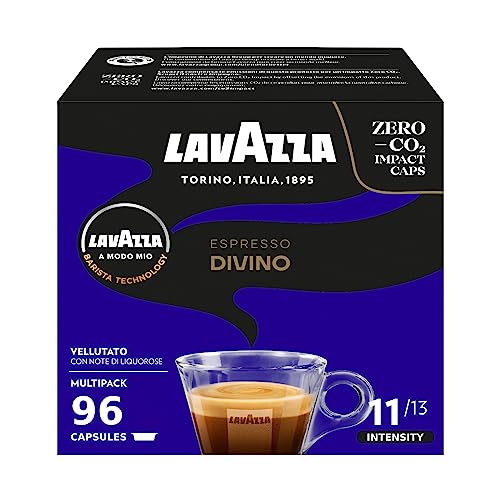 Lavazza, A Modo Mio Espresso Divino, 96 Coffee Pods, with Aromatic Notes of Cocoa and Exotic Fruit, Arabica and Robusta, Intensity 11, Dark Roasting, Persistent Taste, 6 Packs of 16 Pods