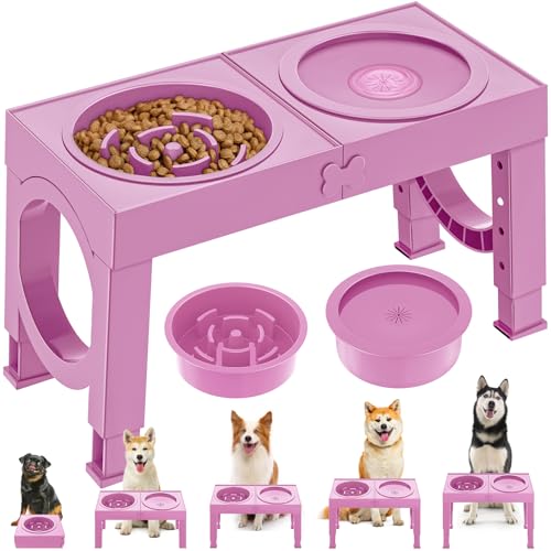 X XBEN 3-in-1 Ciotole per Cani Rialzate con 5 Altezze Regolabile, 1L Ciotola Anti Ingozzamento, 1,4L Acqua Cane Antigoccia, Ciotola per Cani Piccolo, Medio e Grande, Pieghevole e Antiscivolo, Rosa