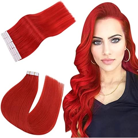 Easyouth Colourful Tape in Hair Extensions Human Hair Red Tape in Extensions Remy Glue in Hair Extensions Real Hair Red for Girls 18 Inch 25g 10Pcs Cover