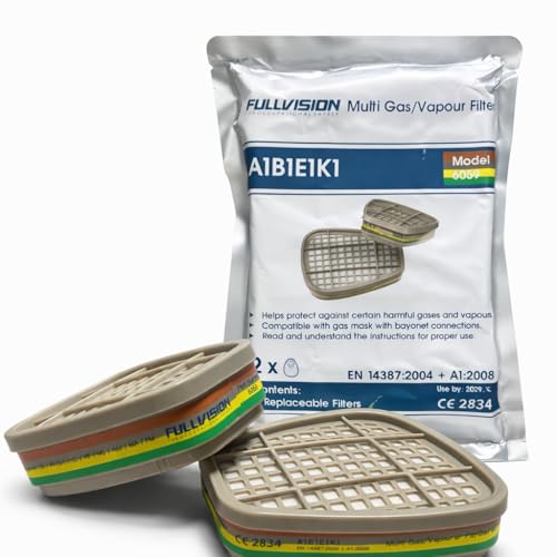 FullVision Filtro Multi Gas/Vapori A1B1E1K1 per Maschere a Baionetta – Protezione da Vapori Organici, Gas Inorganici, Anidride Solforosa, Gas Acidi, Ammoniaca e Derivati – Modello 6059 – 2 Filtri Abek