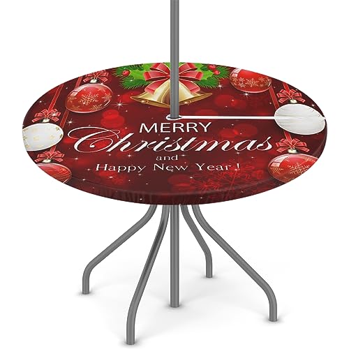 Snowflakes Christmas Balls Golden Bells Outdoor Round Fitted Tablecloth with Elastic Edge, Waterproof Table Cover with Umbrella Hole Table Cloth, for Party Family Dining Fits 36-44 in Diameter Table