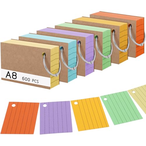 600 Stücke Karteikarten, A8 Linierte Lernkarten mit Krafteinband und Loseblattring, 150g/m² Lernkarten in 6 Farben für Vokabel Lernen, Schule, Büro, Zuhause(7.4 x 5.2 cm)