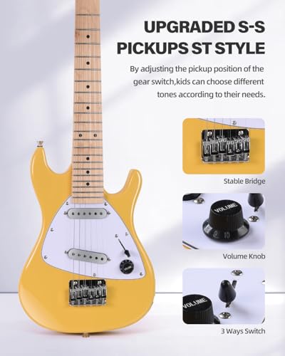 Image of Winzz 30 Inch Kids Electric Guitar Beginner Kit, Junior 1 /4 Size Mini Electric Guitar for Children Complete Stater Set with Amp, Gloosy Yellow Colour
