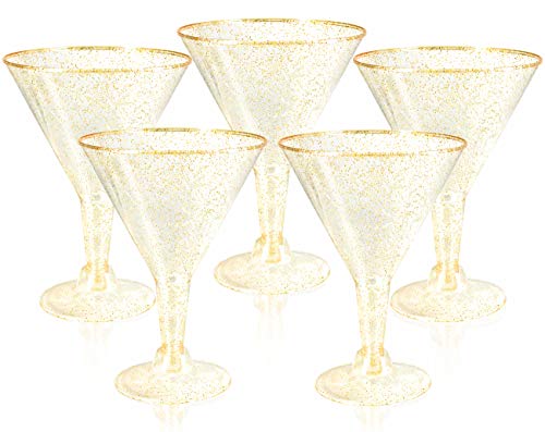 Liacere 24 Pack Gold Glitter Plastic Martini Glasses - 6.25oz Disposable Cocktail Glasses - Plastic Margarita Glasses Perfect for Wedding And Parties