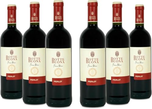BotteBuona Vino Rosso Merlot, Vino Italiano dal Gusto Raffinato e Profumo Fruttato, 12 % Vol, Confezione con 6 Bottiglie da 750 ml
