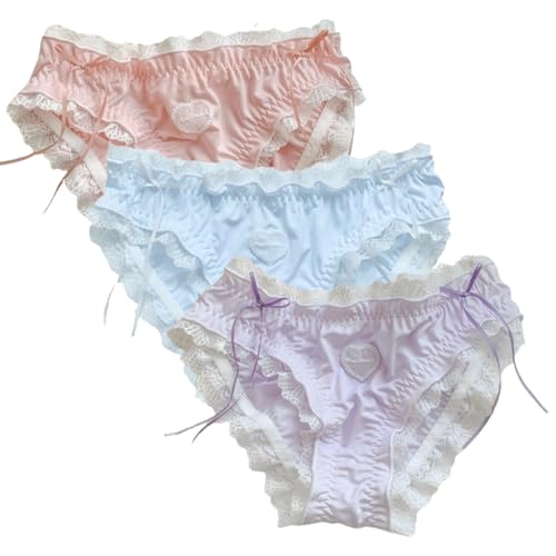 ThiCc Lot de 3 culottes kawaii en soie glacée pour femmes et filles – Culottes extensibles grande taille avec bordure en dentelle, nœud mignon, style Lolita...