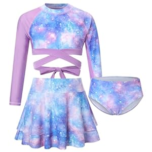 Funnycokid Girl’s Swimsuit 3 Piece Bathing Suits Tie Back Crop Top Rash Guard with Cover Up Skirt 5-12 Years