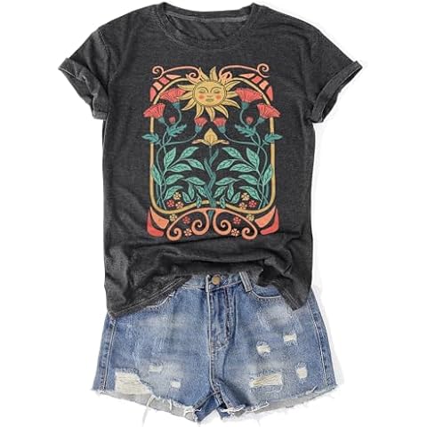Womens Vintage Flowers T-Shirts Cute Floral Graphic Tees Wildflowers Cottagecore Tshirts Summer Casual Short Sleeve Tops(Dark Gray,M) Cover