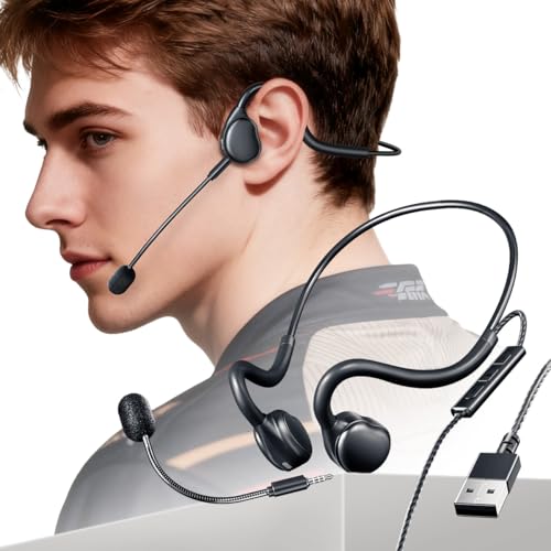QOEKUEY Open Ear Headphones with Mic, Gaming Headset with Detachable Mic, USB Wired, 6.6ft Cable, Inline Controls, Black