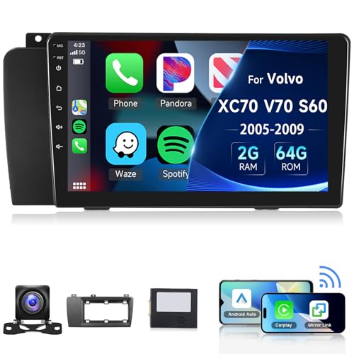 2+64G for Volvo XC70 V70 S60 2005-2009 Car Radio with Wireless Carplay/Android Auto,Android Car Stereo 9 Inch Touch Screen GPS Navigation WiFi Bluetooth FM/RDS Mirror Link SWC +Backup Camera&Mic
