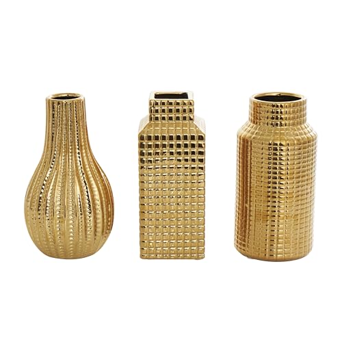 Deco 79 Ceramic Geometric Decorative Vase Dimensional Textured Centerpiece Vases with Varying Shapes and Grid Patterns, Set of 3 Flower Vases for Home Decoration 4" W, 8" H, Gold