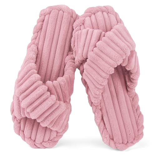 Image of IPSAE House Slippers for Woman Memory Foam Open Toe Slippers Corduroy Cross Bow Womens Slipper Slides Comfy Indoor Bedroom Slip On Shoes