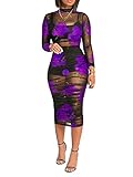 Mojessy Sheer Mesh Dress for Women Long Sleeve Bodycon Dress Sexy See Through Cover Up Ruched Midi Dress Club Outfits Purple