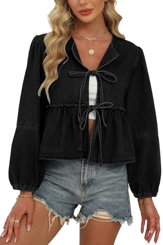 D-Sun Women Fall Peplum Babydoll Denim Shirt Tie Front Long Puff Sleeves Jean Blouse Y2K Cropped Bow Open Front Top