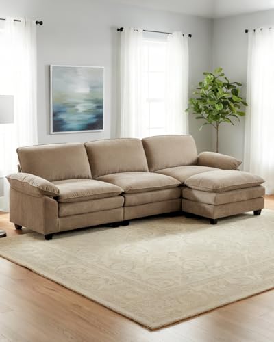 Karl home Chenille Modular Sectional Sofa 3 Seats with 1 Ottomans Sofa Couch L-Shaped Design, Comfy Upholstered Furniture for Living Room, Apartment, Studio, Office, Light Brown