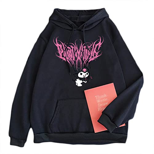 Osheoiso Kuromi Capuche Pull Anime Kawaii Hoodie Sweat à Capuche Sweat Shirt Pull Top Manches Longues Hoodie pour Filles Garçon A Noir XS Cover