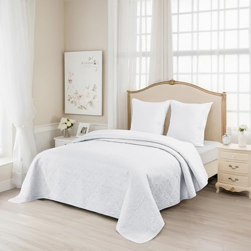 Fanny & Céline Couvre-lit Boutis de Lux Percale Pur Coton 230x250cm avec 2 Taies 65x65cm M23-7001 Blanc