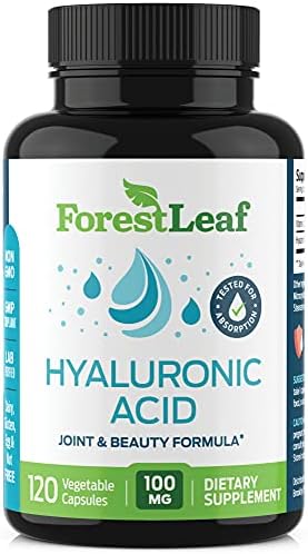 Forest Leaf - Hyaluronic Acid Supplements - 120 Vegetable Capsules - 100mg Dietary Hyaluronic Acid + 50mg Vitamin C Joint & Anti Aging Beauty Formula - Supports Skin Hydration, Joints, Bones & Hair