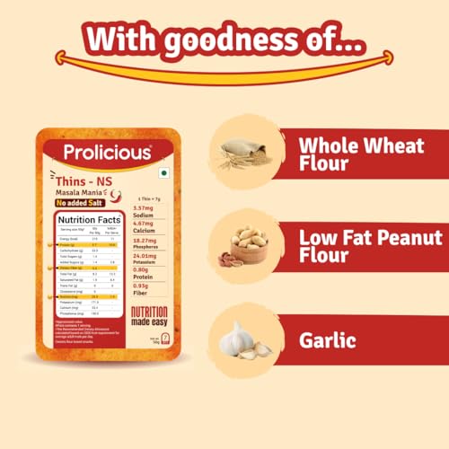 Image of Prolicious High Protein High Fiber No Salt Masala Mania Thins| No Plam Oil | Saltfree | Ideal for weightloss & PCOS | Healthy Snack | Single Pack 50g