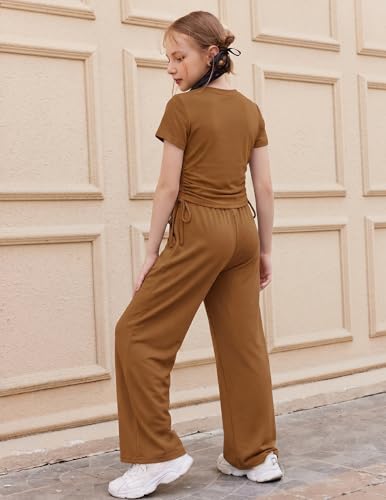 Image of Arshiner Girls 2 Piece Outfit Ruched Drawstring Tops and Wide Leg Pants Set