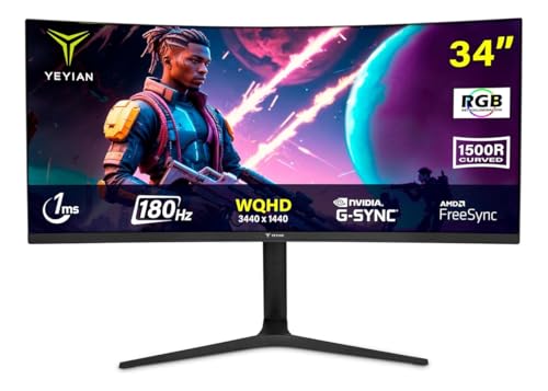 YEYIAN Proact FV234 Monitor Gaming 34" Curvo WQHD (3440x1440), Panel VA 180Hz, 1ms, FreeSync & G-Sync, 92% NTSC, Conectividad DP1.4 y HDMI 2.0