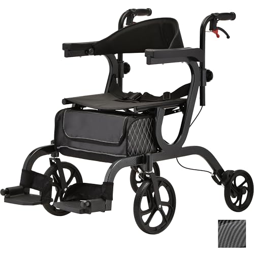 NOVA 2-in-1 Rollator Walker & Transport Chair, Folding Mobility Aid with 10” Front Wheels, Removable Footrests, Lightweight Rolling Walker for Seniors, Walker Wheelchair Combo, Black