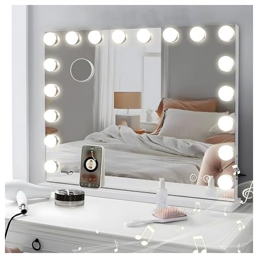 HANSONG Hollywoodspegel, 80 x 60, med belysning och Bluetooth, 18 LED-lampor, 3 färgljuslägen, dimbar sminkspegel med USB-laddningsport