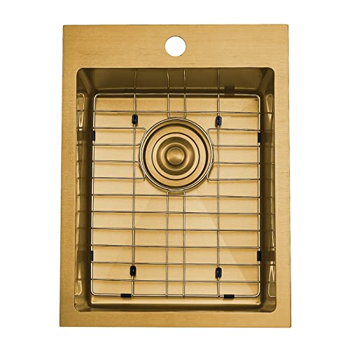 Image of Gold 15 x 20 Inch Drop In Bar Sink, 16 Gauge Stainless Steel Topmount Small Kitchen Single Basin Sink for Wet Prep RV Laundry with Dish Grid & Drain, 15x20 Top Mount