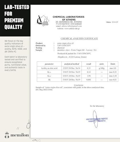 Memilon Olovi Premium Greek Extra Virgin Olive Oil 1L, Lesvos - 100% Rare Kolovi Variety from Plomari | Ultra Low Acidity 0.3%, High Phenolic & Cold Pressed | Fresh Harvest 2025/2026 - Family Mill